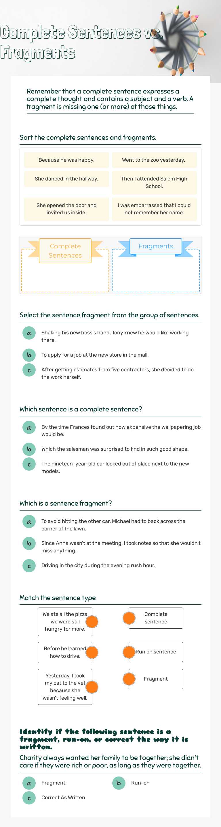 Complete Sentences vs. Fragments Grade 9 worksheet preview