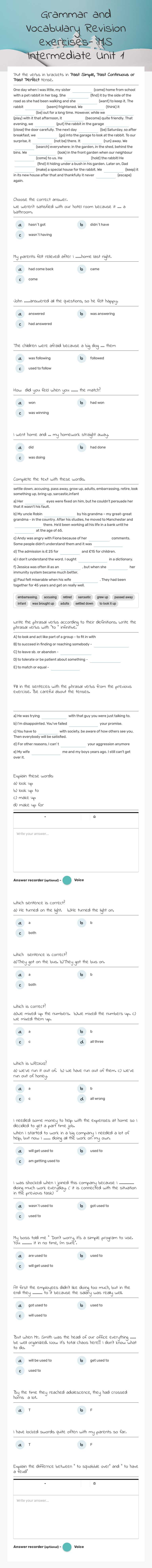 Grammar and Vocabulary Revision exercises- MS Intermediate Unit 1 worksheet preview image