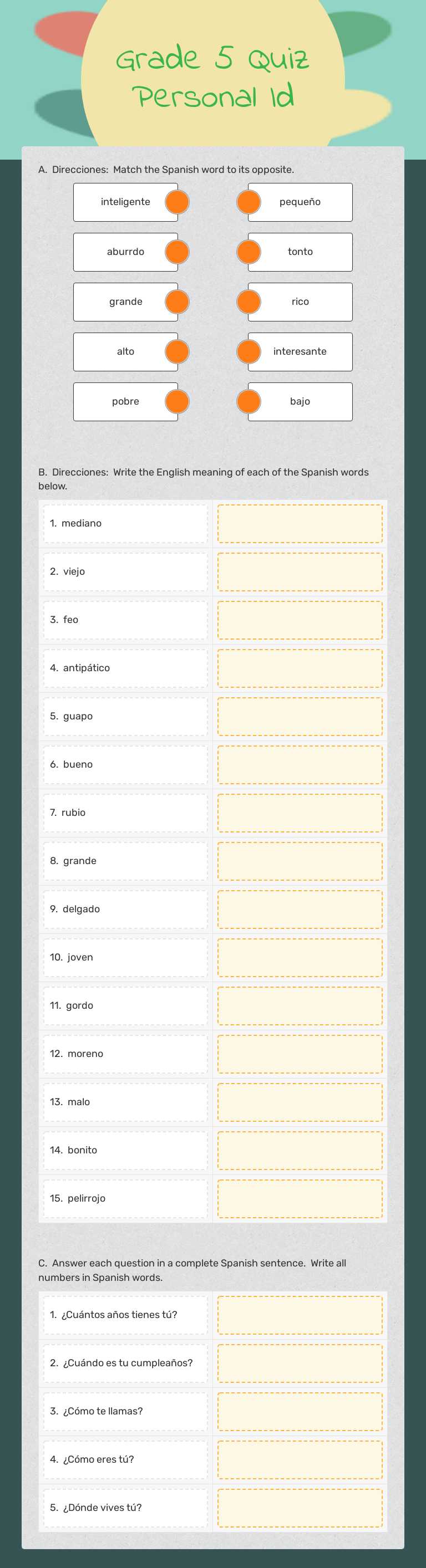 Grade 5 Quiz Personal Id worksheet preview image