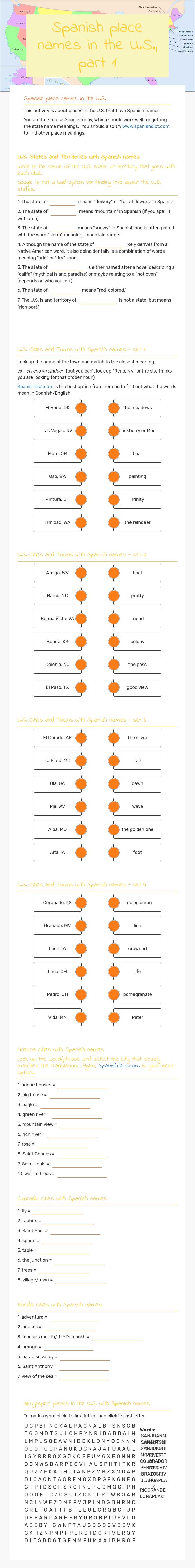 Spanish place names in the U.S., part 1 worksheet preview image