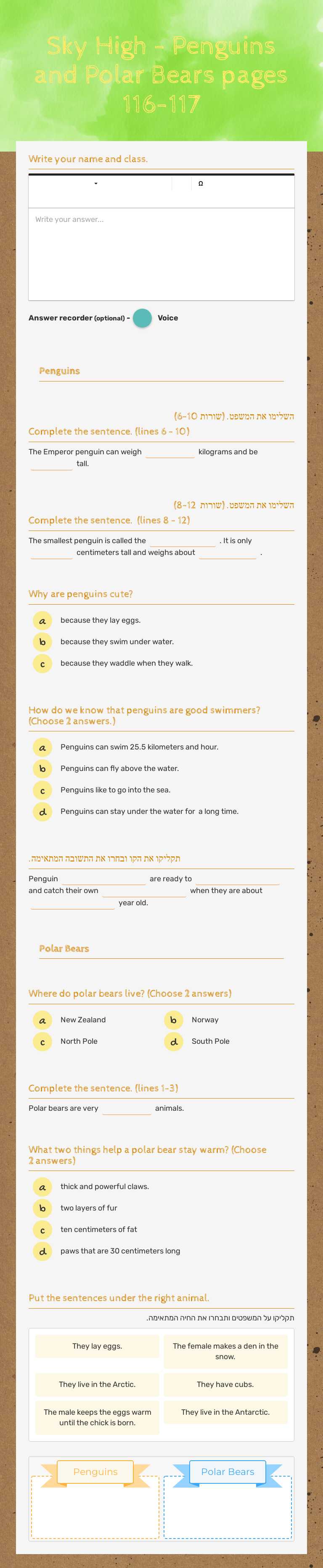 Sky High - Penguins and Polar Bears pages 116-117 worksheet preview image