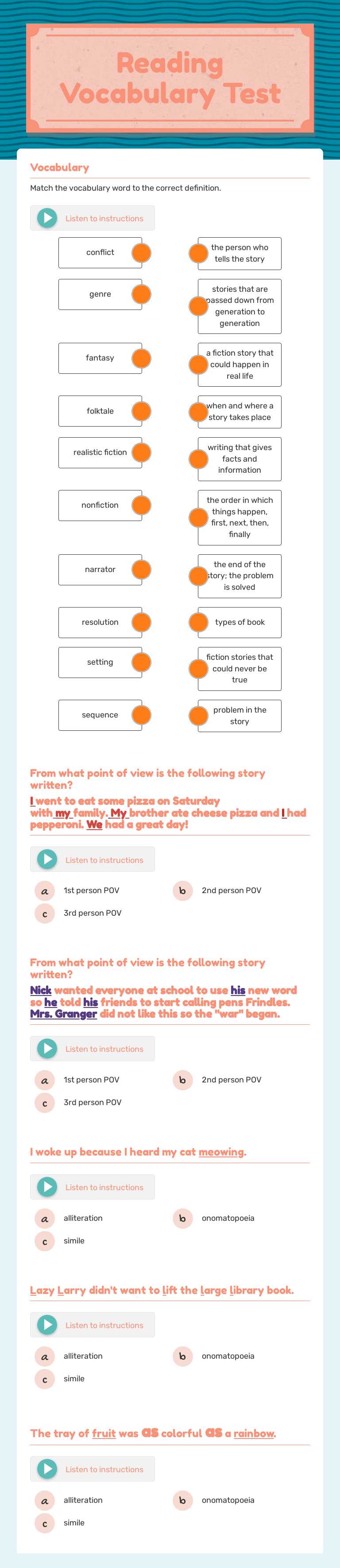 Reading Vocabulary Test worksheet preview image