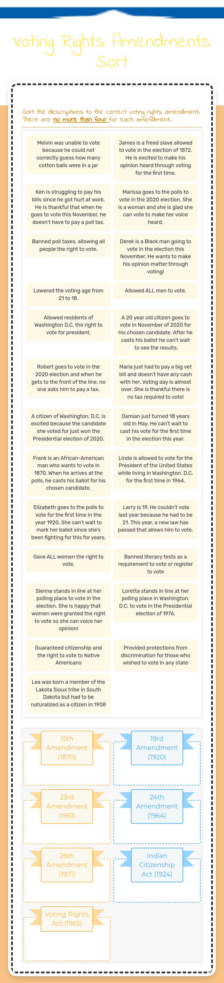 Voting Rights Amendments Sort worksheet preview image