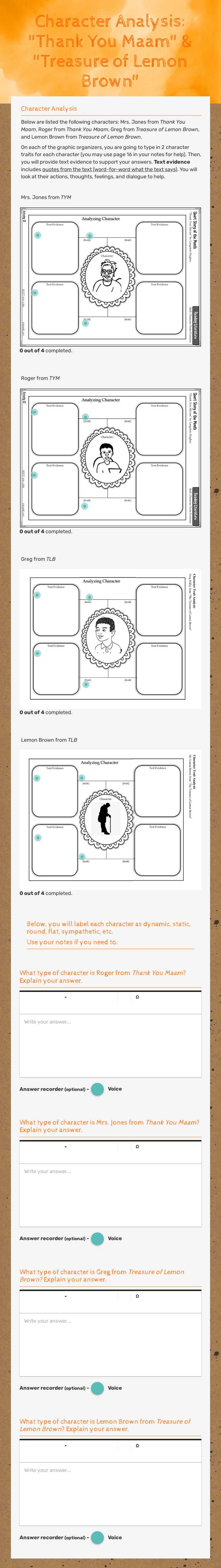 Character Analysis: "Thank You Maam" & "Treasure of Lemon Brown" worksheet preview image