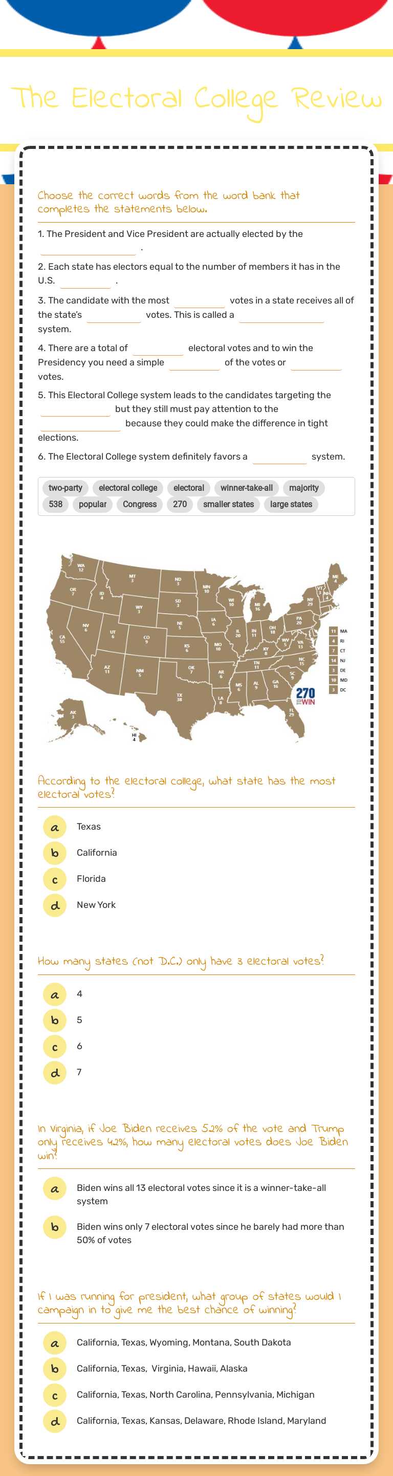 The Electoral College Review worksheet preview image