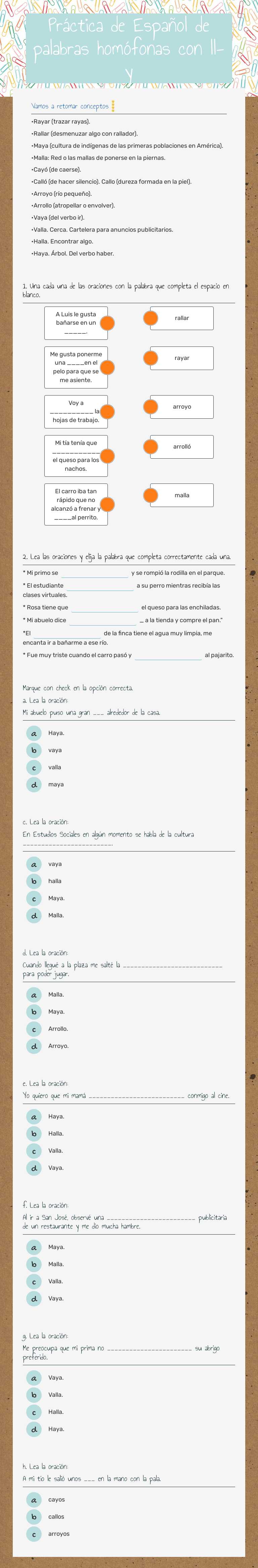 Práctica de Español de palabras homófonas con ll- y worksheet preview image