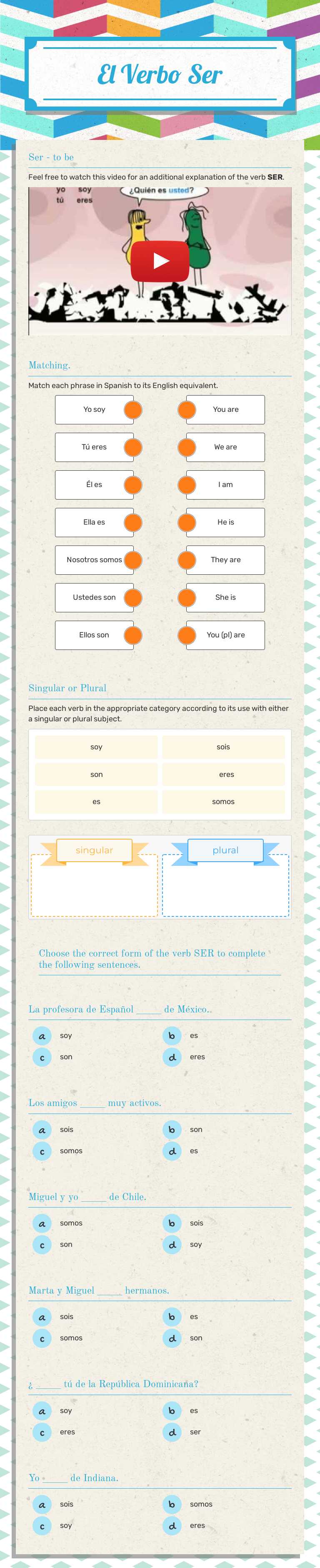 El Verbo Ser worksheet preview image