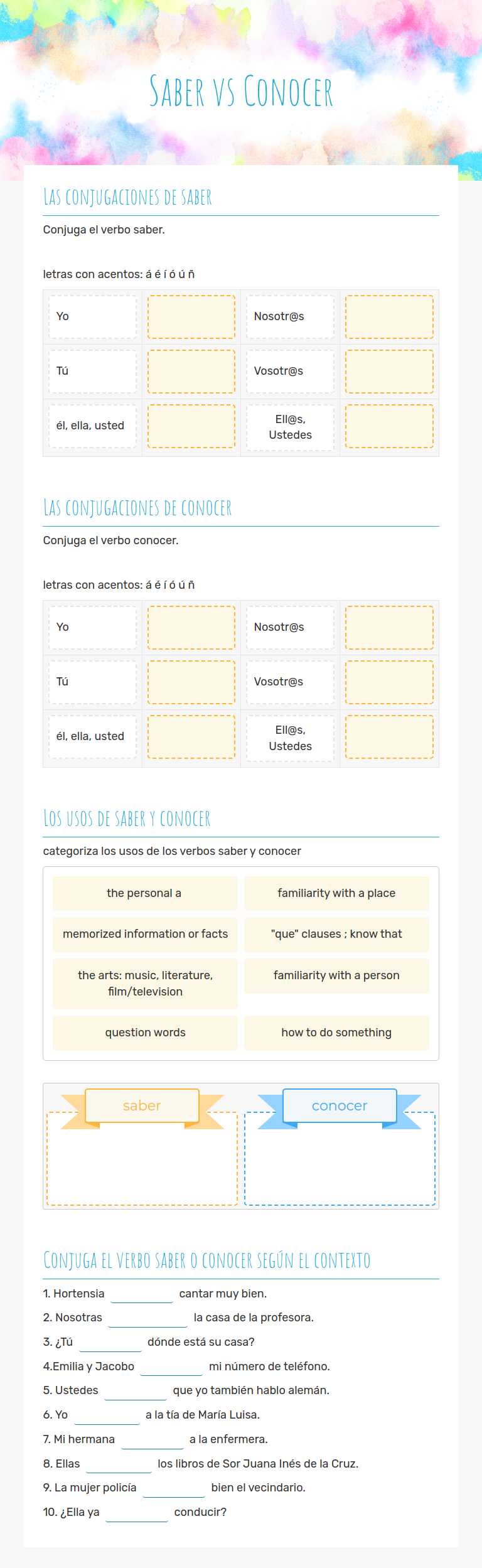Saber vs Conocer worksheet preview image
