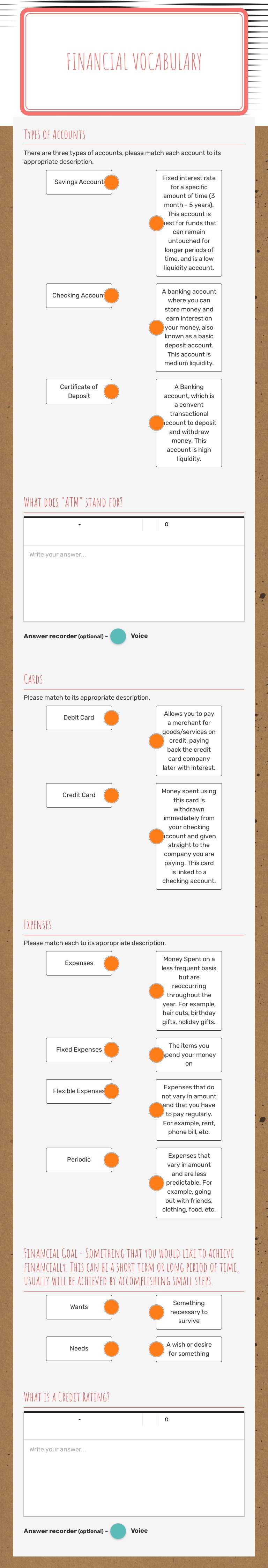 Financial Vocabulary worksheet preview image