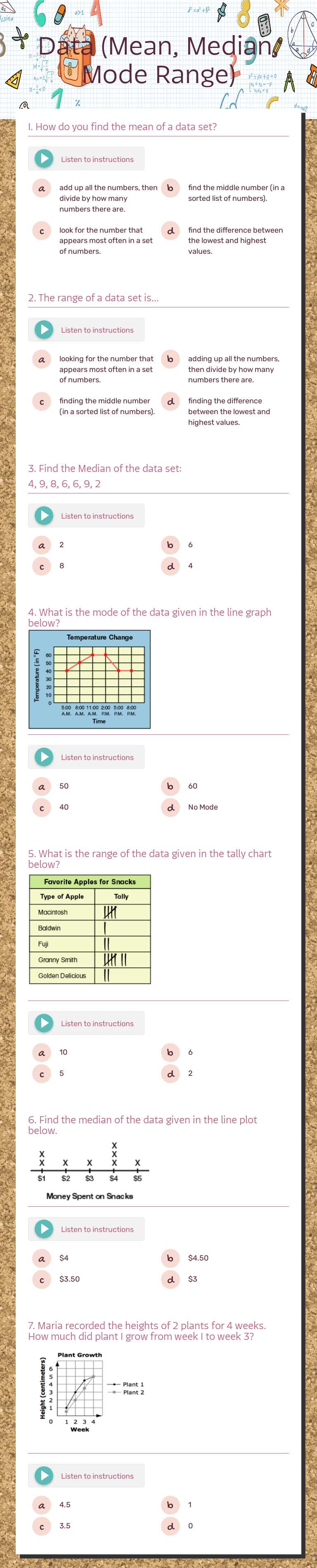 Data (Mean, Median, Mode Range) worksheet preview image