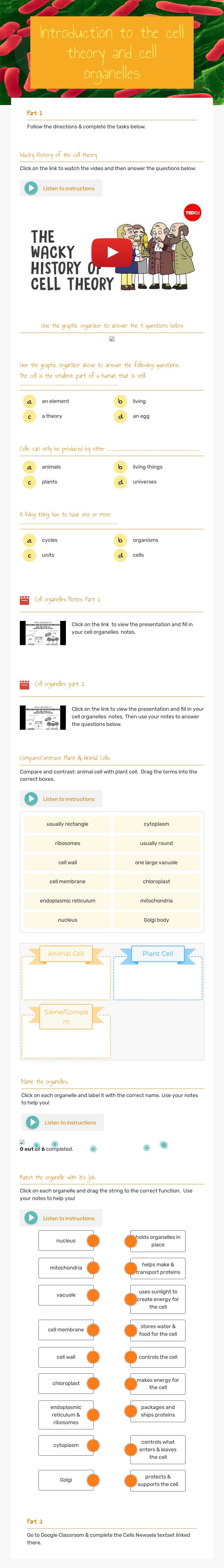 Introduction to the cell theory and cell organelles worksheet preview image