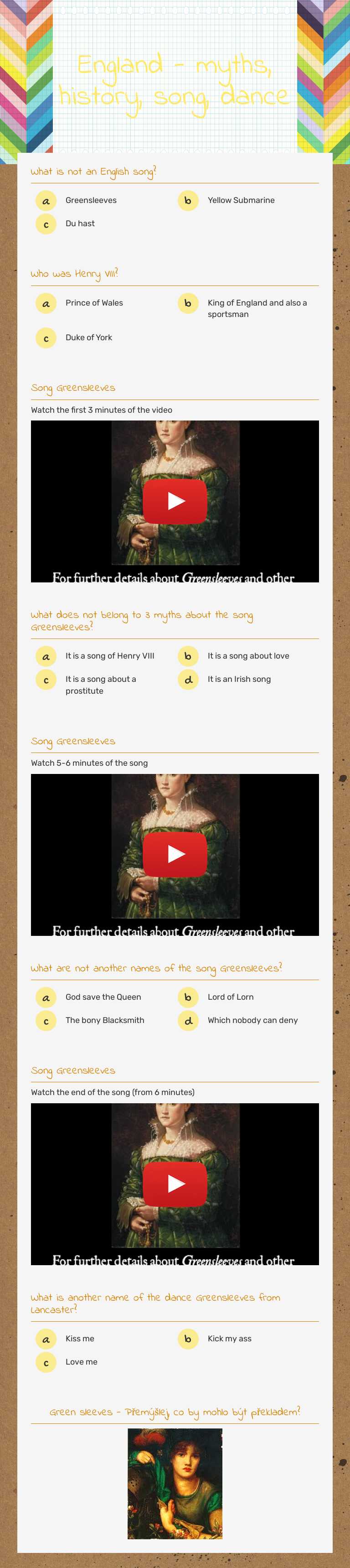England - myths, history, song, dance Grade 12 worksheet preview