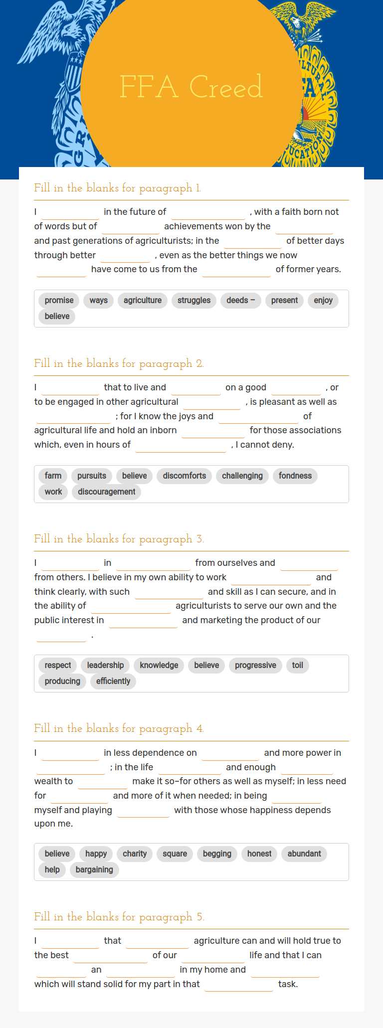FFA Creed worksheet preview image