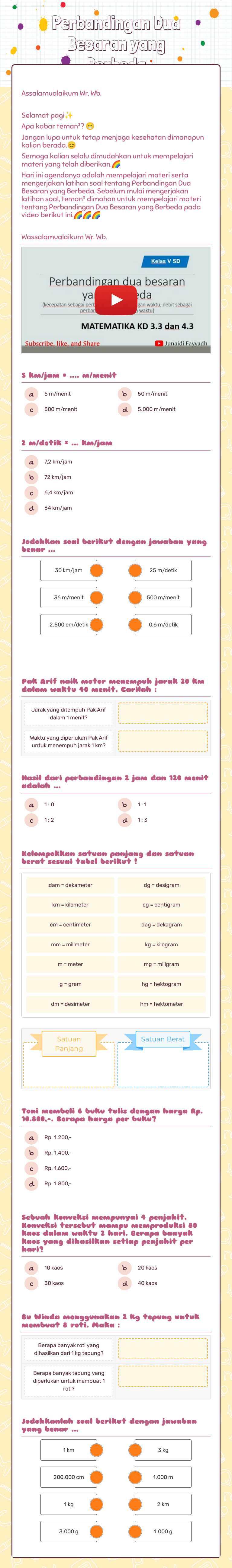 Perbandingan Dua Besaran yang Berbeda Grade 5 worksheet preview