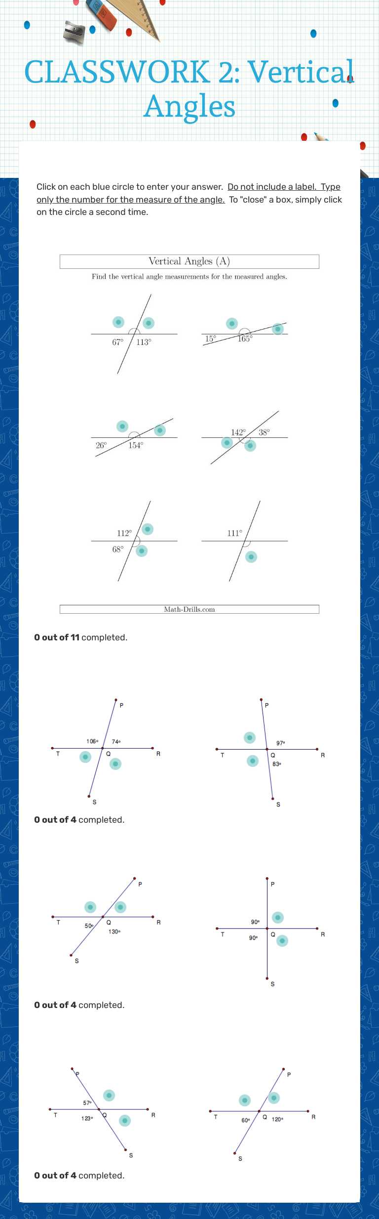 CLASSWORK 2: Vertical Angles worksheet preview image