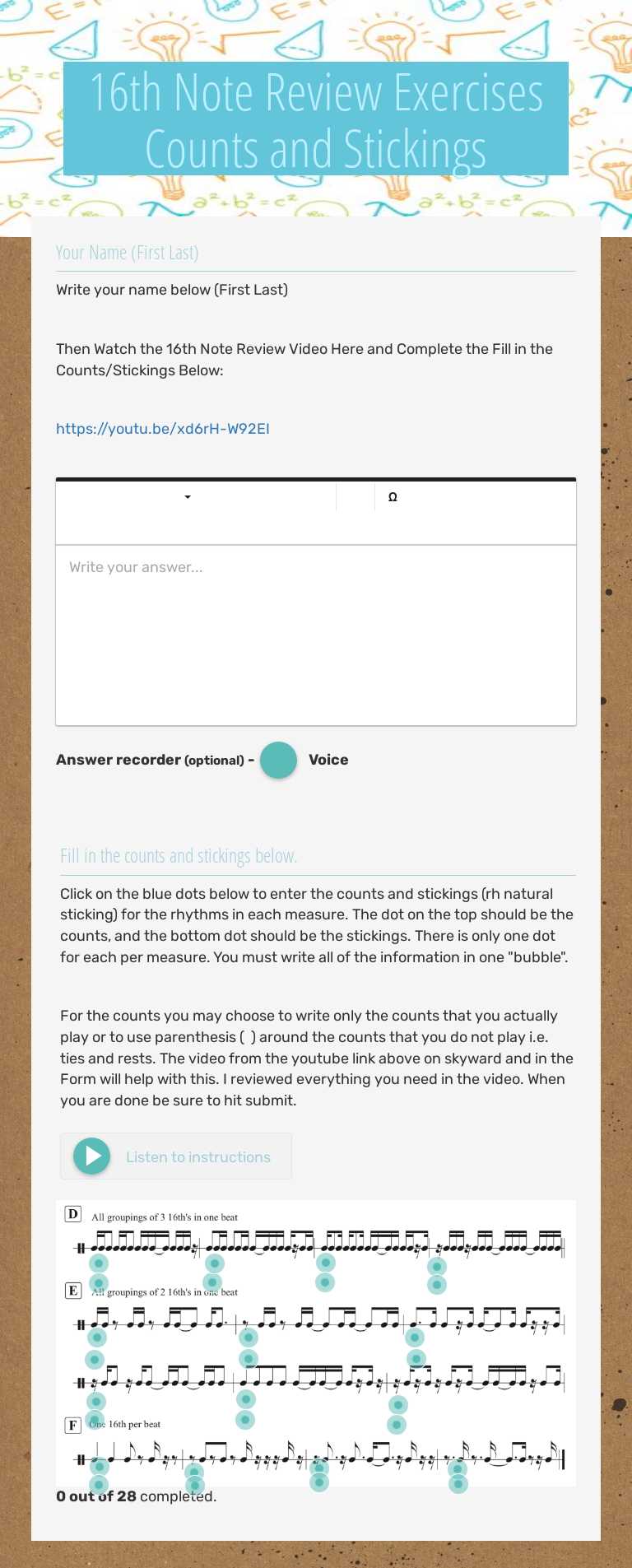 16th Note Review Exercises  Counts and Stickings worksheet preview image