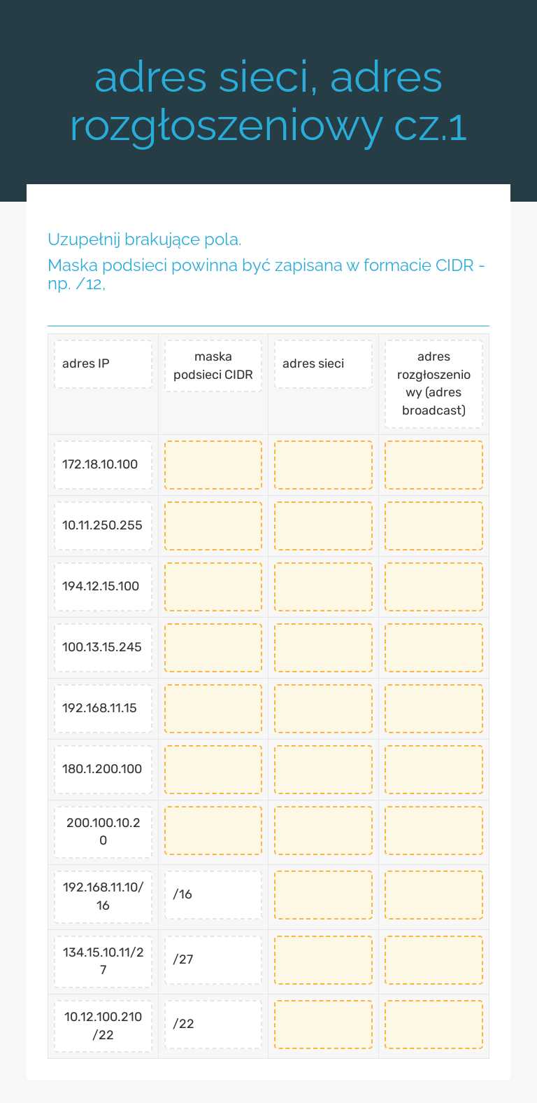 adres sieci, adres rozgłoszeniowy cz.1 worksheet preview image