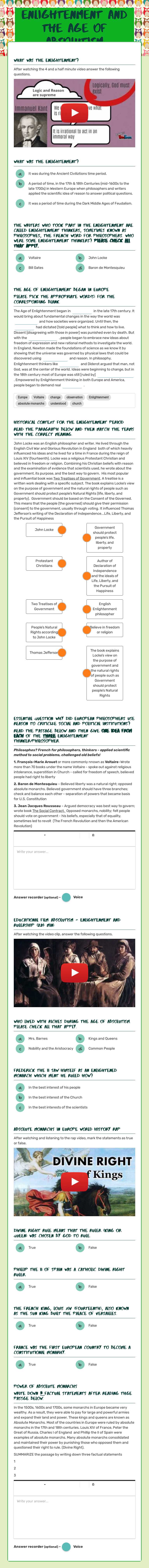 Enlightenment And the Age of Absolutism worksheet preview image