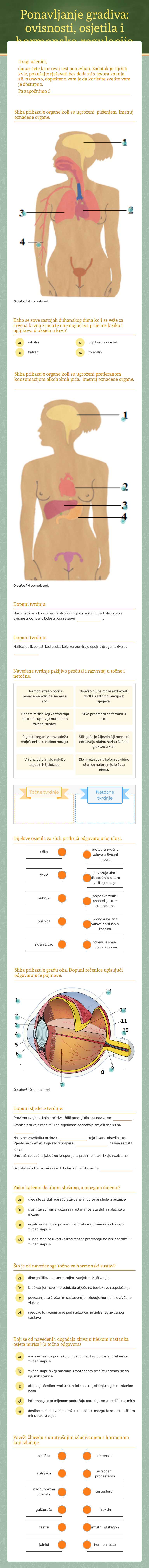 Ponavljanje gradiva: ovisnosti, osjetila i hormonska regulacija worksheet preview image