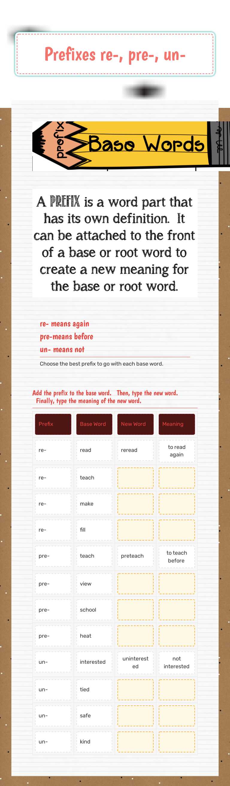 Prefixes re-, pre-, un- Grade 4 worksheet preview
