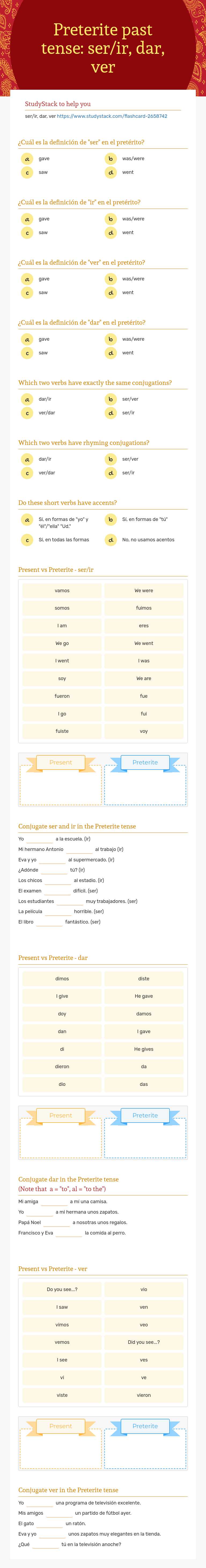 Preterite past tense:  ser/ir, dar, ver worksheet preview image