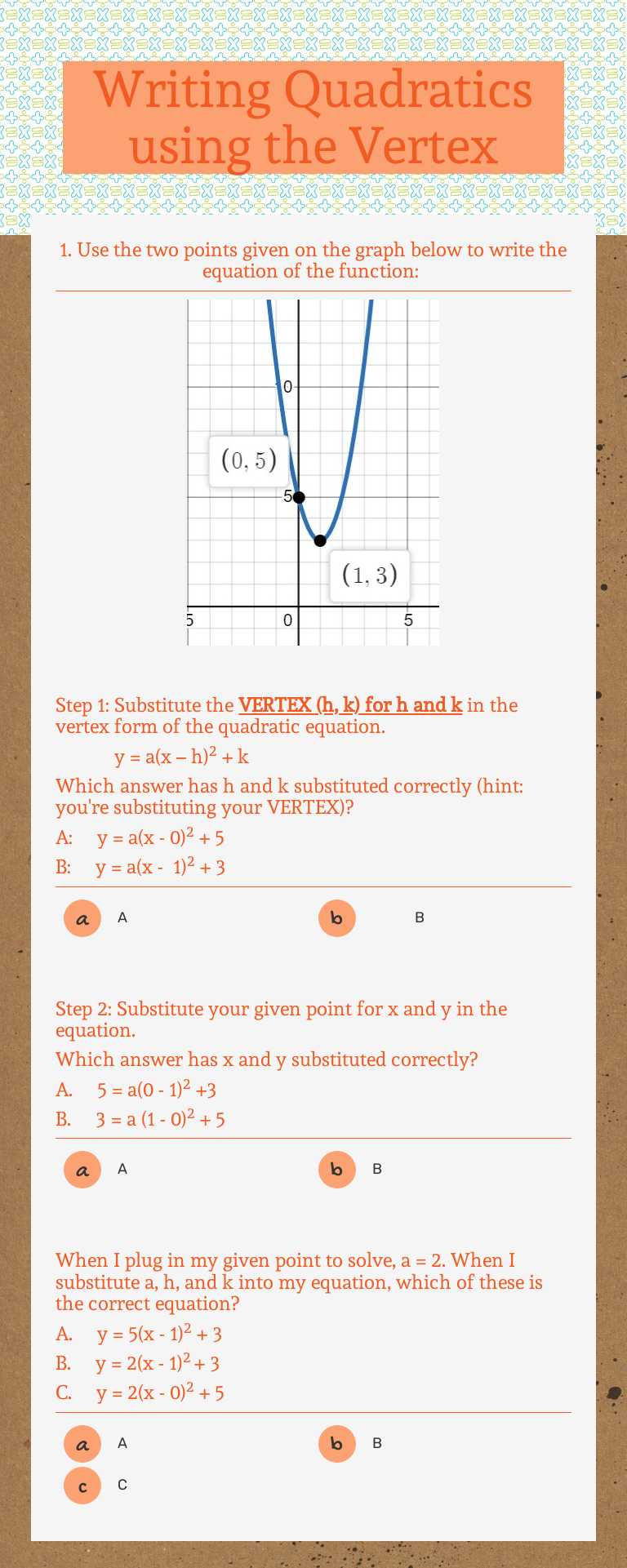 Writing Quadratics using the Vertex worksheet preview image