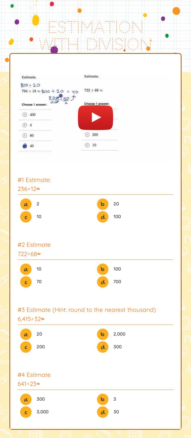 Estimation with Division worksheet preview image
