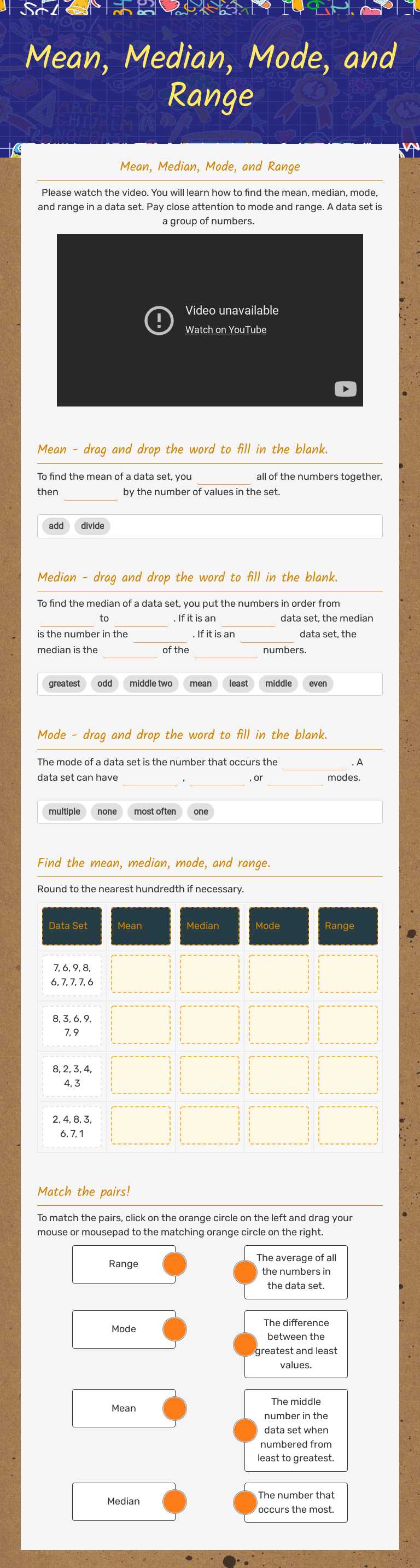 Mean, Median, Mode, and Range worksheet preview image