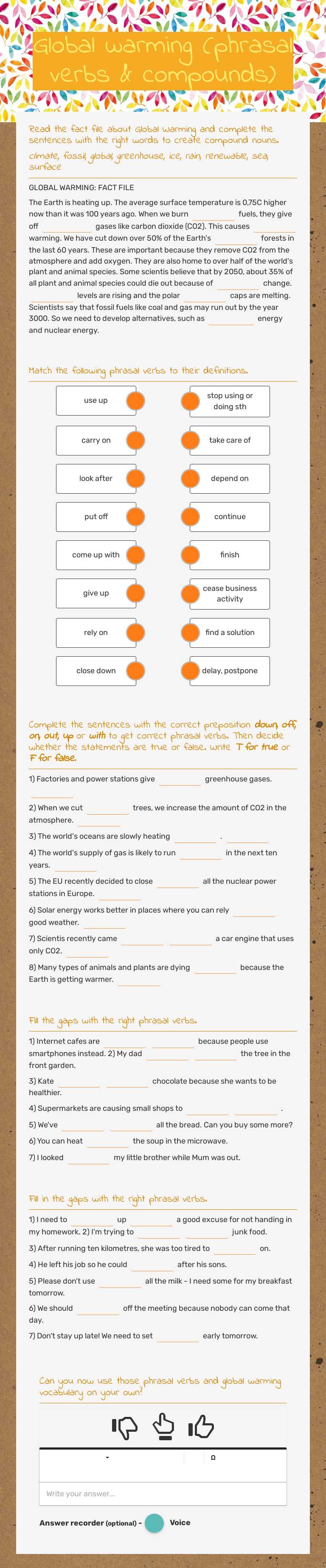 Global warming (phrasal verbs & compounds) worksheet preview image