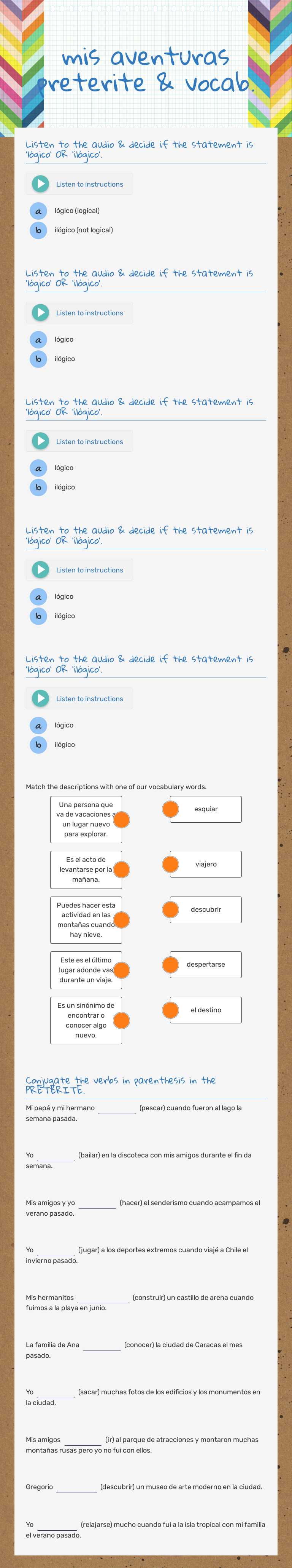 mis aventuras preterite & vocab. Grade 10 worksheet preview