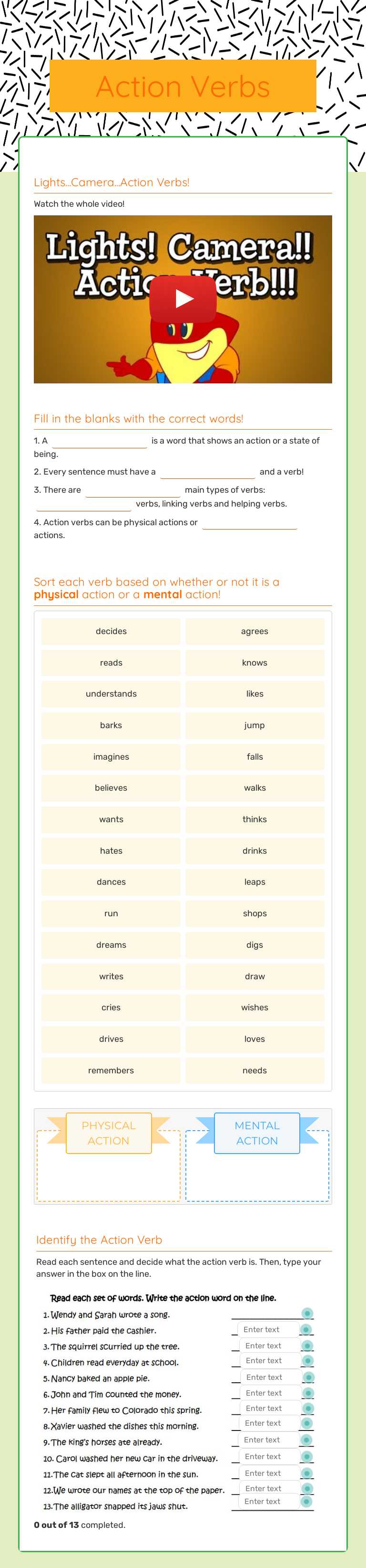 Action Verbs worksheet preview image