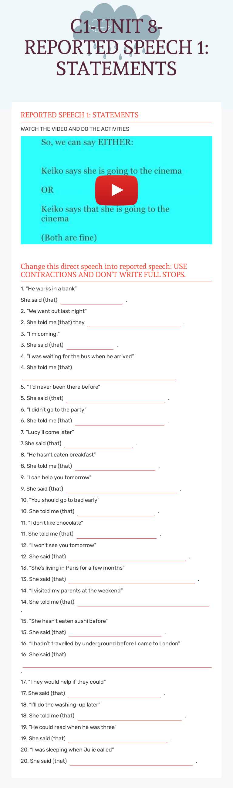 C1-UNIT 8-REPORTED SPEECH 1: STATEMENTS Grade 11 worksheet preview