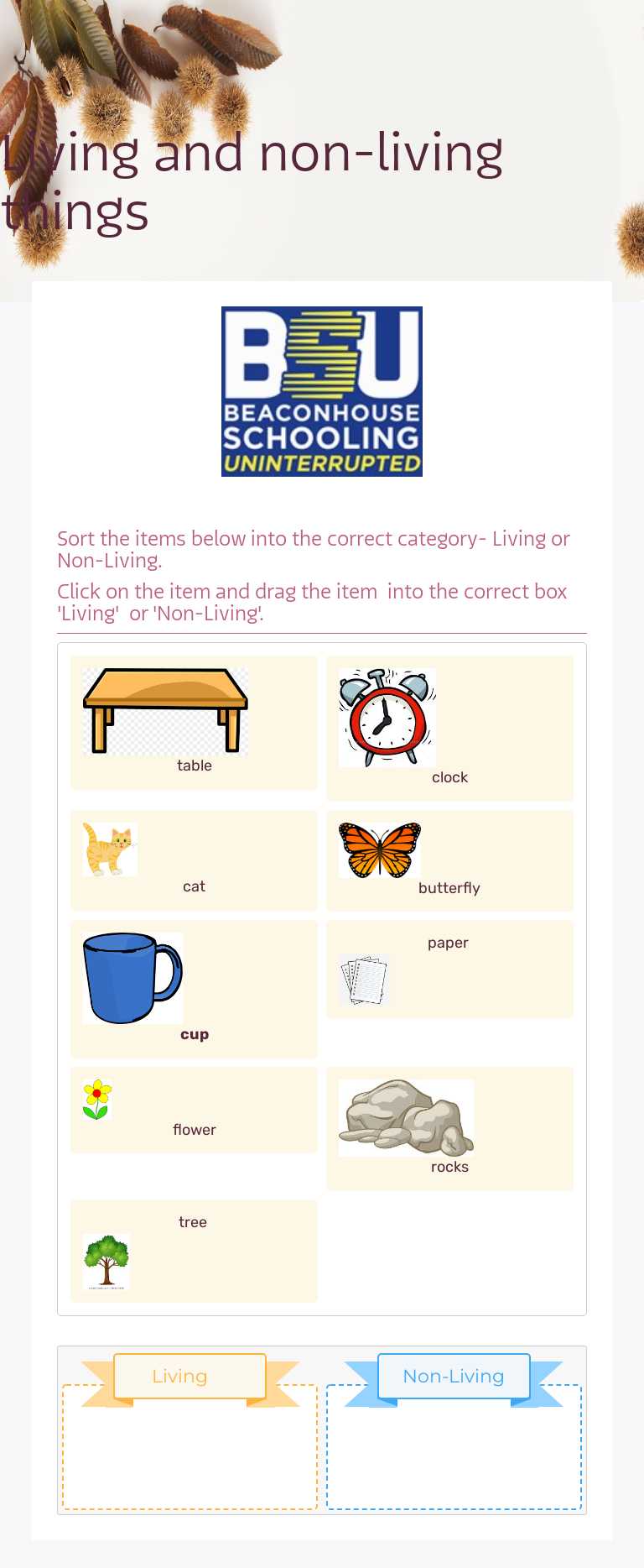 Living and non-living things Grade 1 worksheet preview