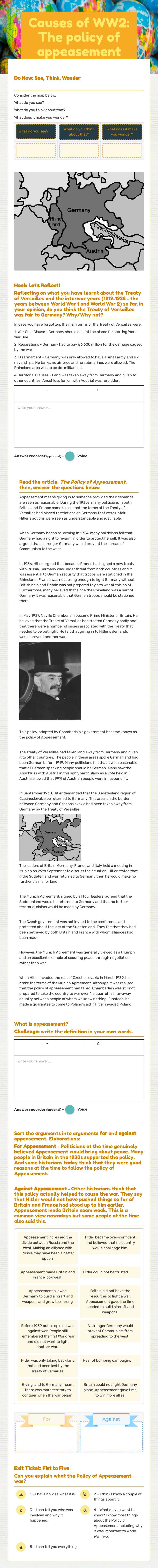 9O Causes of WW2: The policy of appeasement worksheet preview image