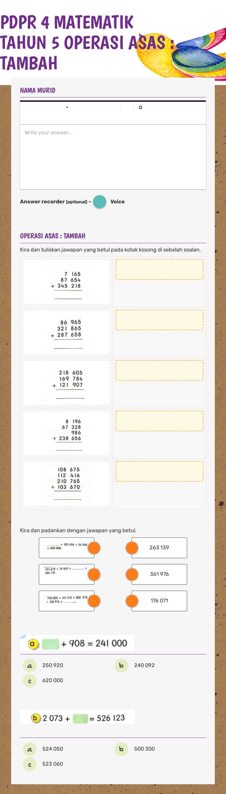 PDPR 4 MATEMATIK TAHUN 5 OPERASI ASAS : TAMBAH worksheet preview image