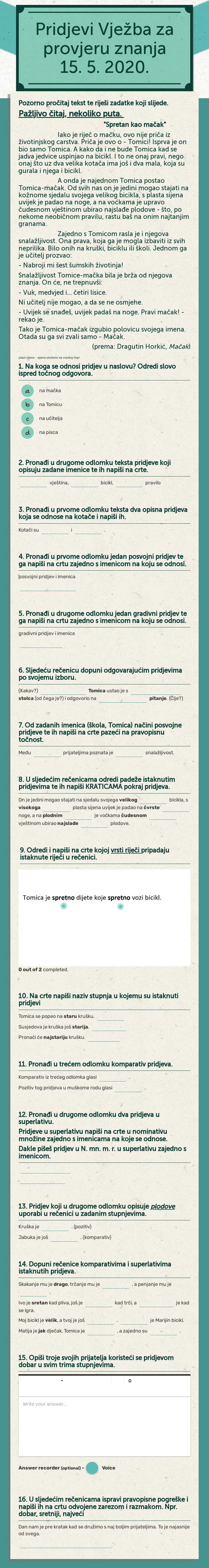 Pridjevi 
Vježba za provjeru znanja 15. 5. 2020. worksheet preview image