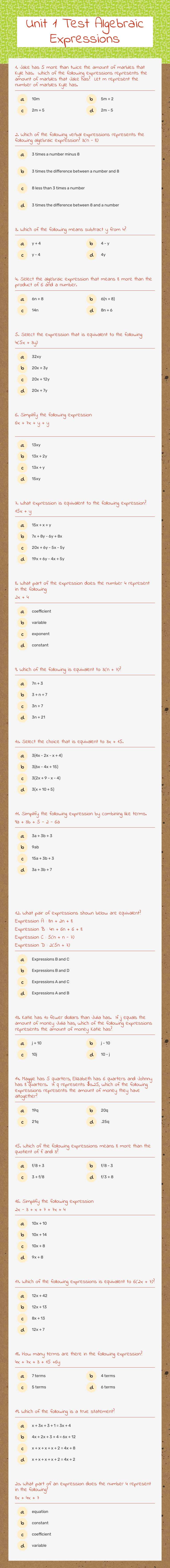 Unit 1 Test Algebraic Expressions worksheet preview image