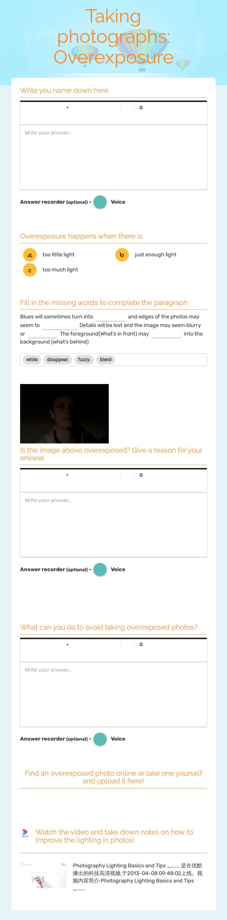 Taking photographs: Overexposure worksheet preview image