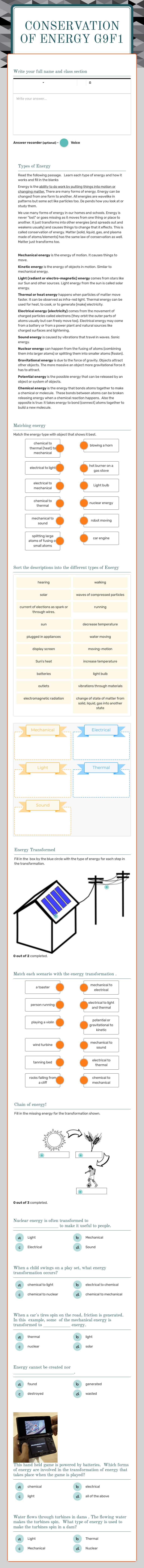 Conservation of energy G9F1 worksheet preview image