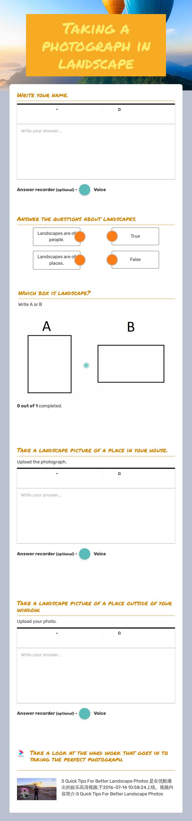 Taking a photograph in landscape Grade 3 worksheet preview