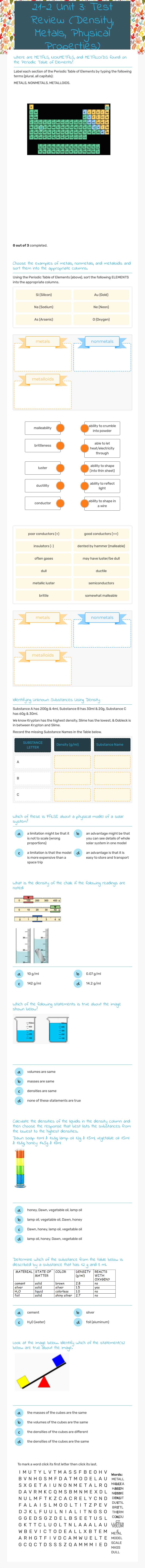 21-2 Unit 3: Test Review (Density, Metals, Physical Properties) worksheet preview image