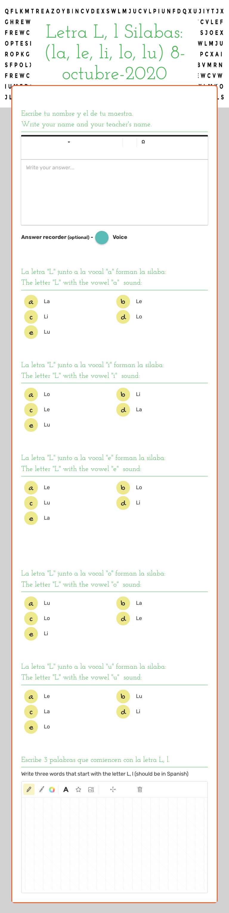 Letra L, l  
         Silabas:        
   (la, le, li, lo, lu)             
8-octubre-2020 worksheet preview image