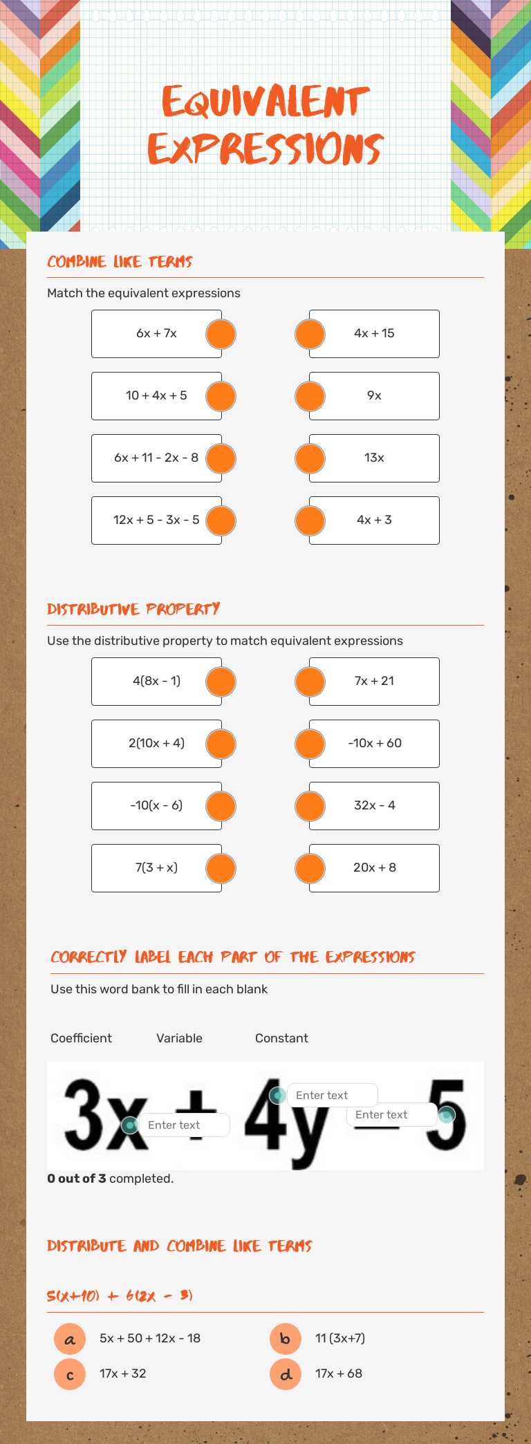 Equivalent Expressions Grade 7 worksheet preview