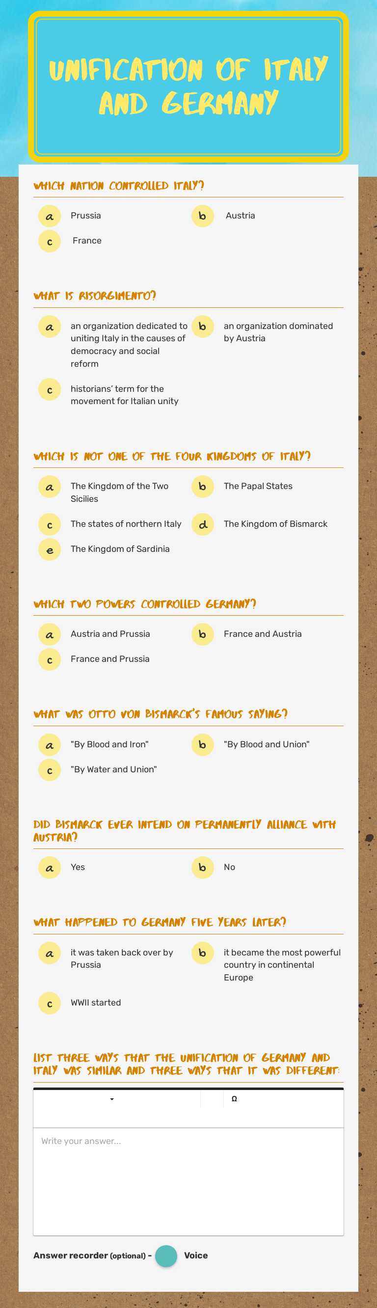 Unification of Italy and Germany worksheet preview image