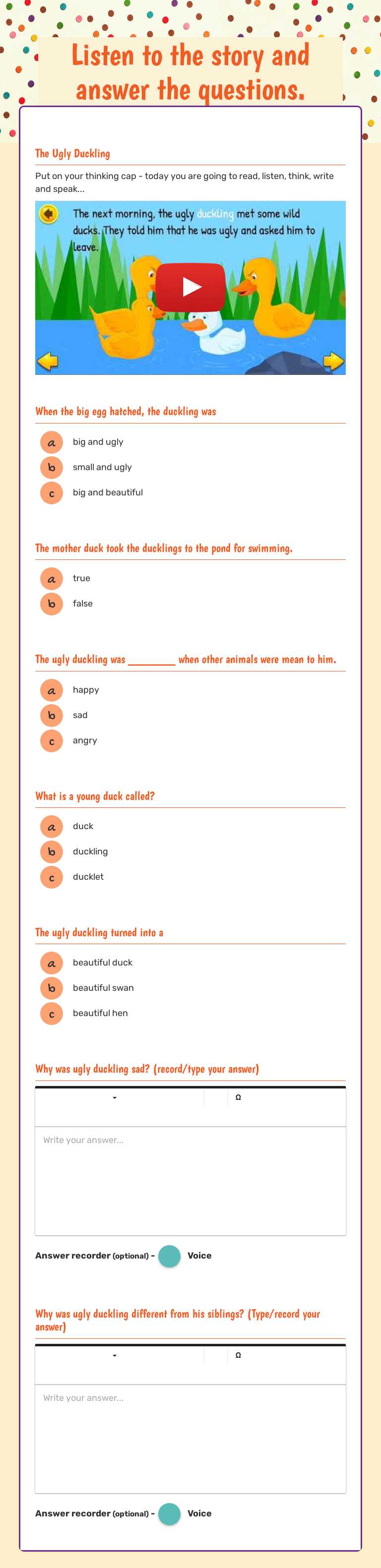 Listen to the story and answer the questions. worksheet preview image