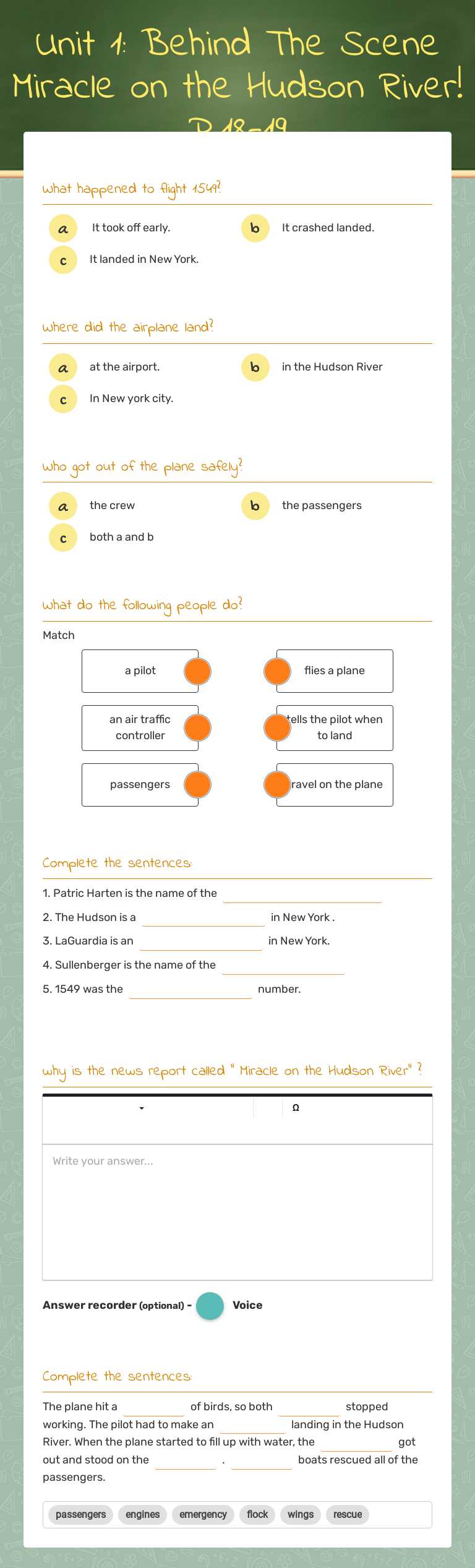 Unit 1: Behind The Scene   Miracle on the Hudson River!  P.18-19 Grade 8 worksheet preview