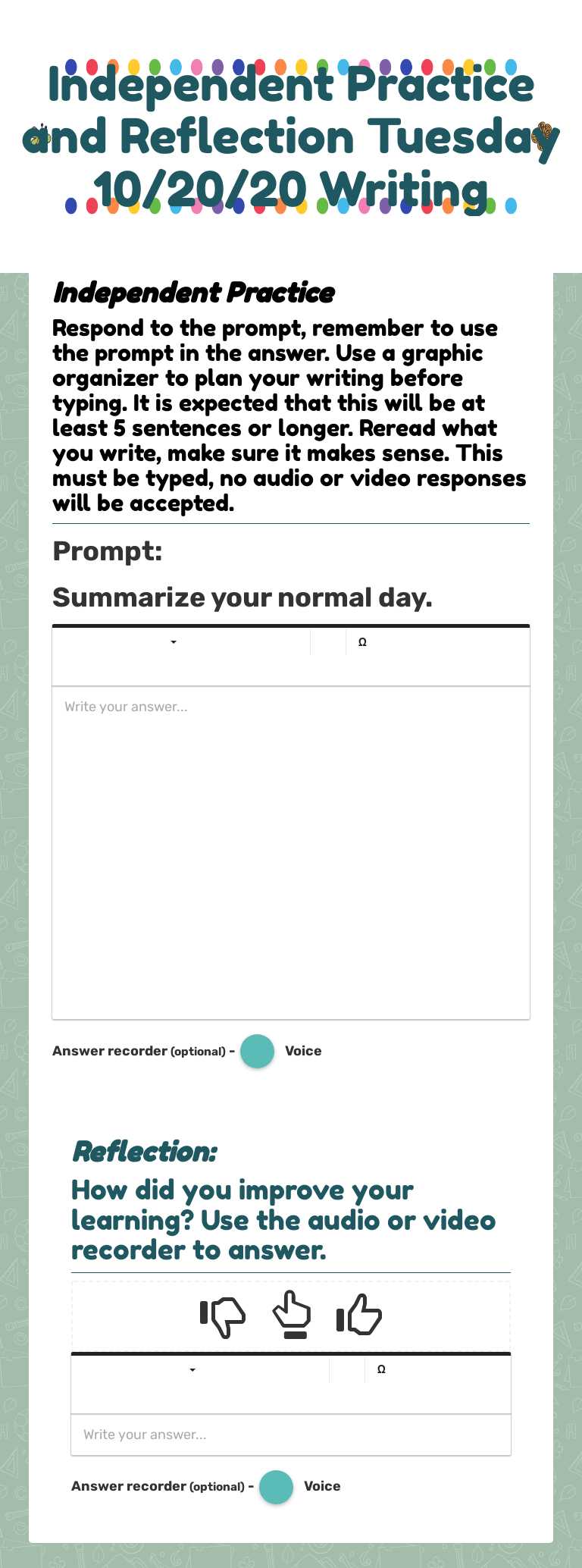 Independent Practice and Reflection Tuesday 10/20/20 Writing Grade 3 worksheet preview