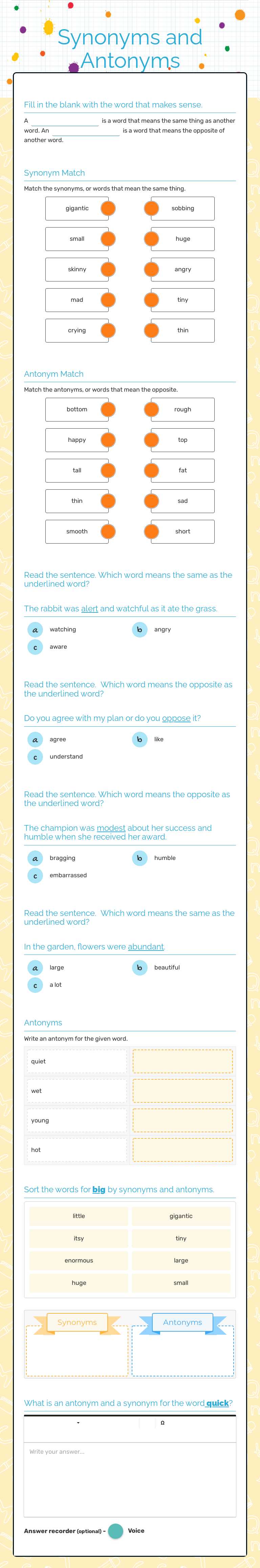 Synonyms and Antonyms worksheet preview image