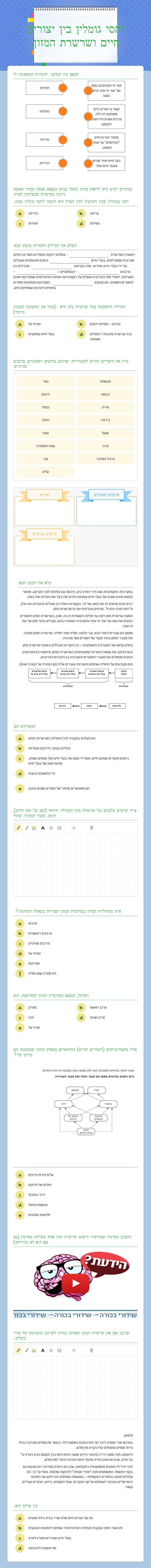 יחסי גומלין בין יצורים חיים ושרשרת המזון. worksheet preview image