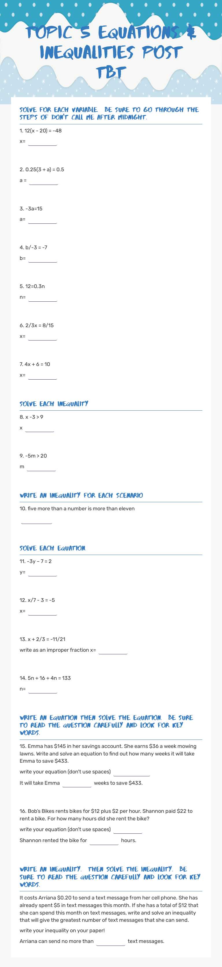 Topic 5 Equations & Inequalities POST TBT Grade 7 worksheet preview